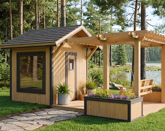 デッキとパーゴラ付きの12×22フィートの木製屋外サウナ