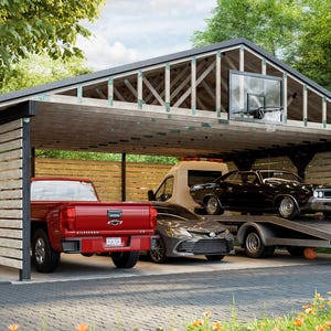 3 carportplannen voor auto's | Zelfgemaakte parkeergarage voor 3 auto's met zadeldak en modern houtontwerp