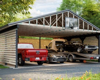 3 Car Carport Plans | DIY 3-Car Covered Parking with Gable Roof & Modern Wood Design
