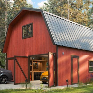 Puede incluir: Un garaje rojo estilo granero con techo de metal gris y molduras marrón oscuro. Las puertas del garaje están abiertas, revelando un coche amarillo en el interior. Un coche gris está estacionado afuera. El edificio está rodeado de árboles.