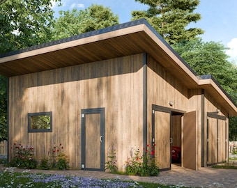 May include: A modern wooden garage with a flat roof and a dark trim. The garage doors are open, revealing a red car inside. The building is surrounded by greenery, including trees, flowers, and a white picket fence.