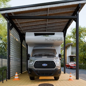 Carportplannen voor campers | DIY viervoudige voertuigschuilplaats met modern houtontwerp | Overdekte parkeerplaats voor auto's, bestelwagens en campers