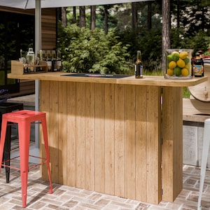May include: A light brown wooden outdoor bar with a countertop and vertical plank design. The bar is set up with bar stools, a barrel, glassware, and a sign that says "Classes of Cocktails".