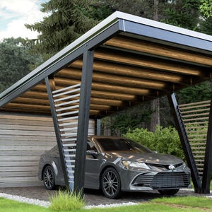 Vrijstaande aangebouwde carportplannen – doe-het-zelf autoshelter met schuin dak met houten frame