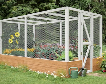 May include: A white wooden garden cage with a wire mesh enclosure. The cage has a wooden door and a wooden planter box. The planter box is filled with flowers and plants. A cockerel is standing in the grass outside the cage.