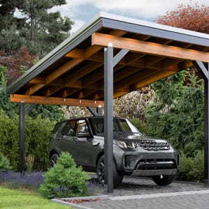 Moderne enkele carportplannen - doe-het-zelf autoshelter met schuin dak met houten frame