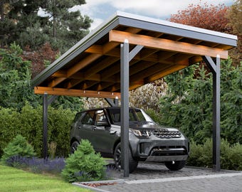 Modern Single Carport Plans – DIY Slanted Roof Car Shelter with Wood Frame