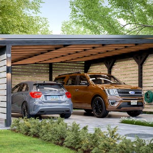 Moderne dubbele carportplattegrond | Zelfgemaakte parkeergarage voor 2 auto's met houten lattenbodem