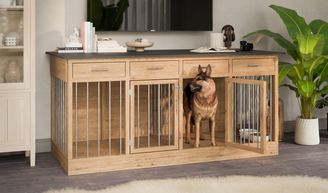 7x3 木製ダブル犬小屋の設計図 – 大型犬2匹用テレビ台型クレート