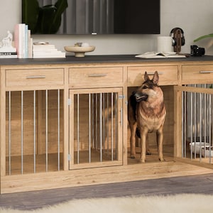 May include: A wooden dog crate with a dark gray top and multiple drawers. The crate has metal bars and a door that is open, with a German Shepherd standing inside. The crate is in a room with a plant and a television.