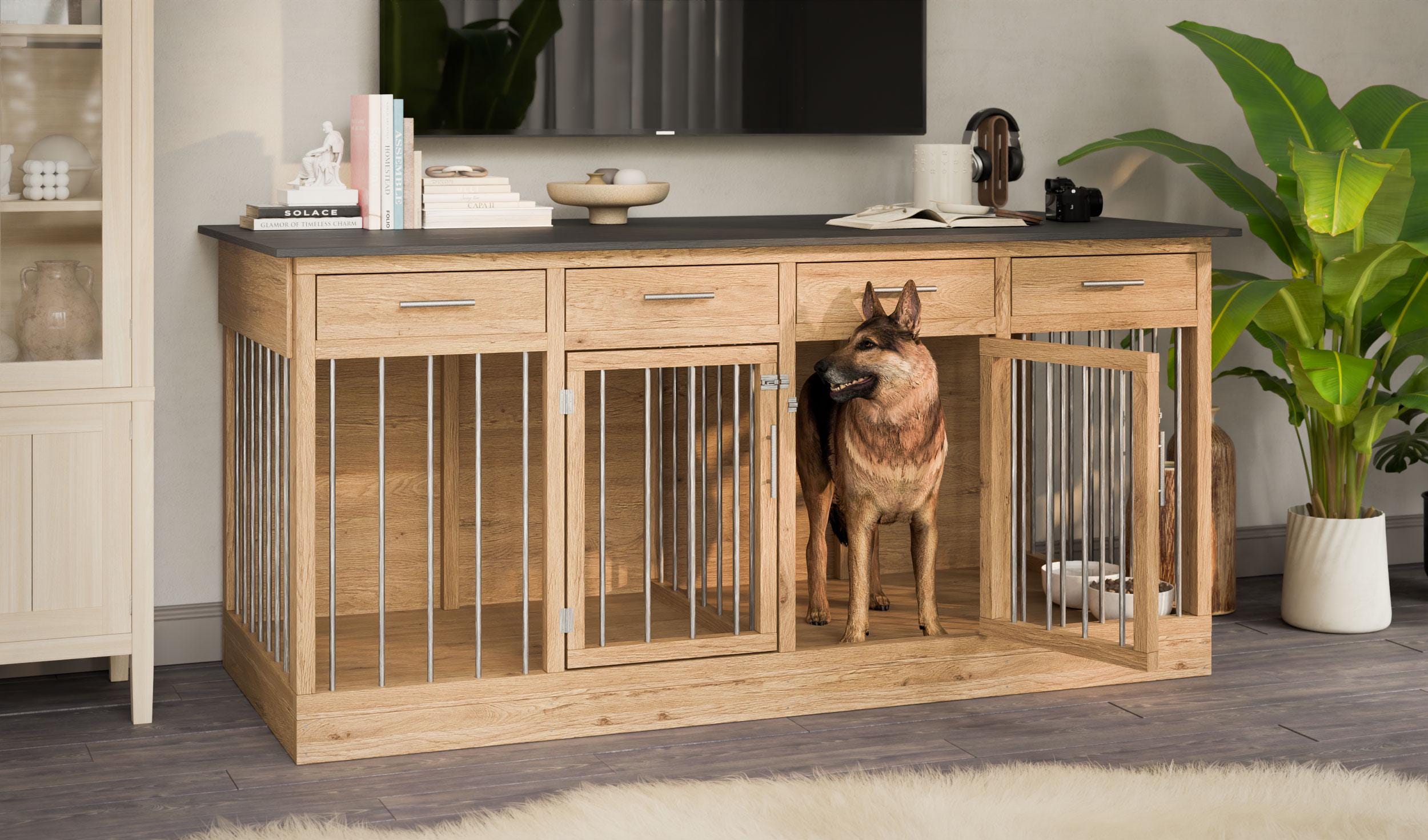 7x3 木製ダブル犬小屋の設計図 – 大型犬2匹用テレビ台型クレート