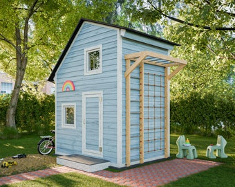 May include: A light blue wooden playhouse with a rainbow decoration, a small window, and a door. The playhouse has a climbing wall and a ladder on the side. The playhouse is in a backyard with green grass and trees.