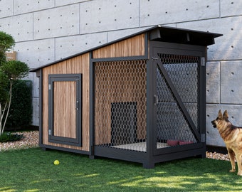 Peut inclure: Une niche pour chien en bois avec une cage en métal noir. La niche a une porte en bois brun et un toit incliné. La cage a une porte en métal noir et un panneau en grillage métallique. Un berger allemand se tient à l'extérieur de la cage, regardant à l'intérieur.