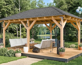 12x20ガゼボの設計図 – 寄棟屋根の大型木製パビリオン – DIY屋外パティオシェルターの設計図