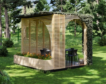 Pergola Plans with Raised Garden Bed PDF  - 12x12 DIY Modern Backyard Shade Idea
