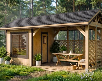 8x20フィートの屋外サウナ小屋 – テラス付きモダン木製サウナの設計図