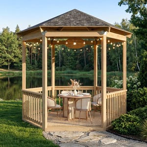 Puede incluir: Un cenador de madera con techo hexagonal, luces de cadena y una mesa puesta para cenar. El cenador está rodeado de exuberante vegetación, con un lago y árboles al fondo. El cenador es de color marrón claro.