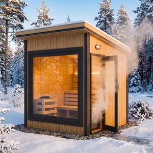 Puede incluir: Una cabaña de sauna de madera con una gran ventana y puerta abierta, emitiendo vapor. La cabaña está rodeada de árboles cubiertos de nieve, creando una serena escena invernal. Se ven bancos de madera en el interior.