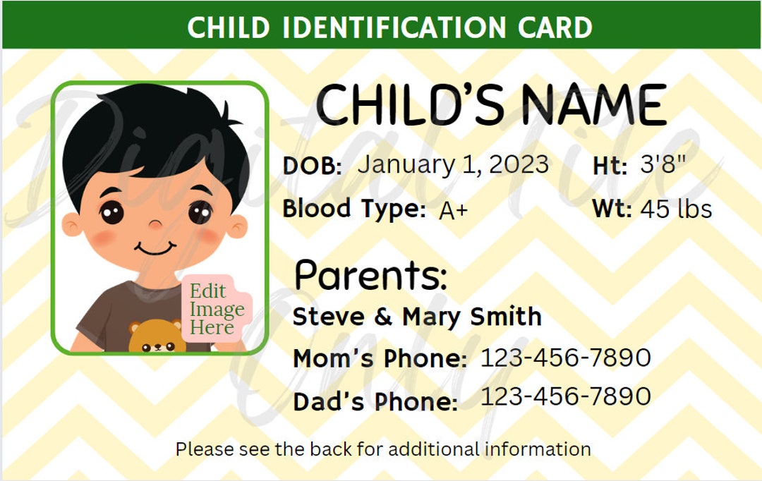 Editable child id card canva template custom kid id card printable