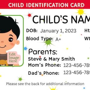 Modelo canva de cartão de identificação infantil editável, cartão de identificação infantil personalizado, crachá infantil imprimível com foto, cartão de identificação de volta às aulas - faixa vermelha