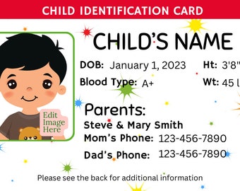 Editable Child ID Card Canva Template, Custom Kid ID Card, Printable Child Badge with Photo, Back to School ID Card - Red Banner