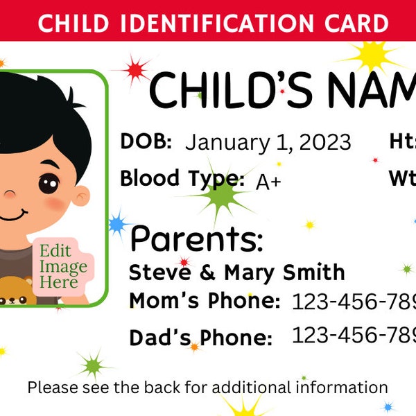 Editable Child ID Card Canva Template, Custom Kid ID Card, Printable Child Badge with Photo, Back to School ID Card - Red Banner