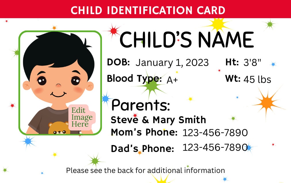 Custom Child ID Card Template: Printable Kid Photo Badge (canva