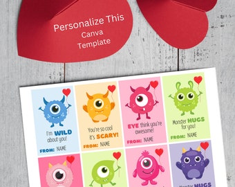 Editable Monster Valentine's Day Cards: Canva Template (Digital File)