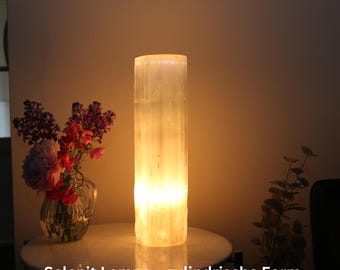 Natural Selenite Cylinder Tower Lamp – Available in 25 cm, 30 cm and 40 cm – Crystal Healing & Calming Light Decor