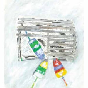 May include: A watercolor painting of a wooden lobster trap with three colorful buoys hanging from it. The buoys are green, blue, red, and yellow.
