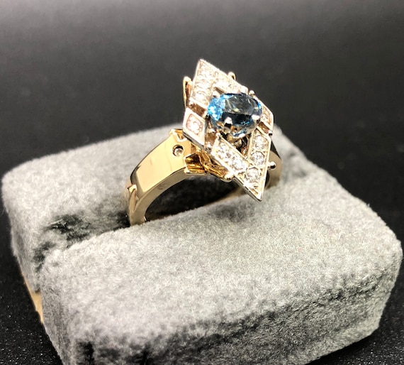 14k Yellow Gold Blue Topaz & Diamond Ring / Pendant, Fine Jewelery, Hand Made,