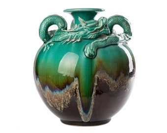 Flambe green vase with dragon