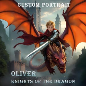 Custom Dragon Rider Portrait for Boys – Fantasy Face Swap Art – Knight Riding a Dragon – Printable Gift for Ages 6–10