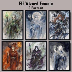 Könnte beinhalten: Sechs gerahmte Aquarellporträts von weiblichen Elfen-Zauberinnen. Jedes Porträt zeigt eine andere Elfe mit einzigartiger Kleidung, Accessoires und magischen Stäben. Die Farbpalette umfasst Grün-, Blau-, Rot- und Lilatöne, mit dem Text "Elf Wizard Female 6 Portrait" oben.