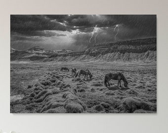 Horses,Digital Download,Landscape Photography,Iceland,Printable Wall Art,Black and White,Storm,Rain,Lightning