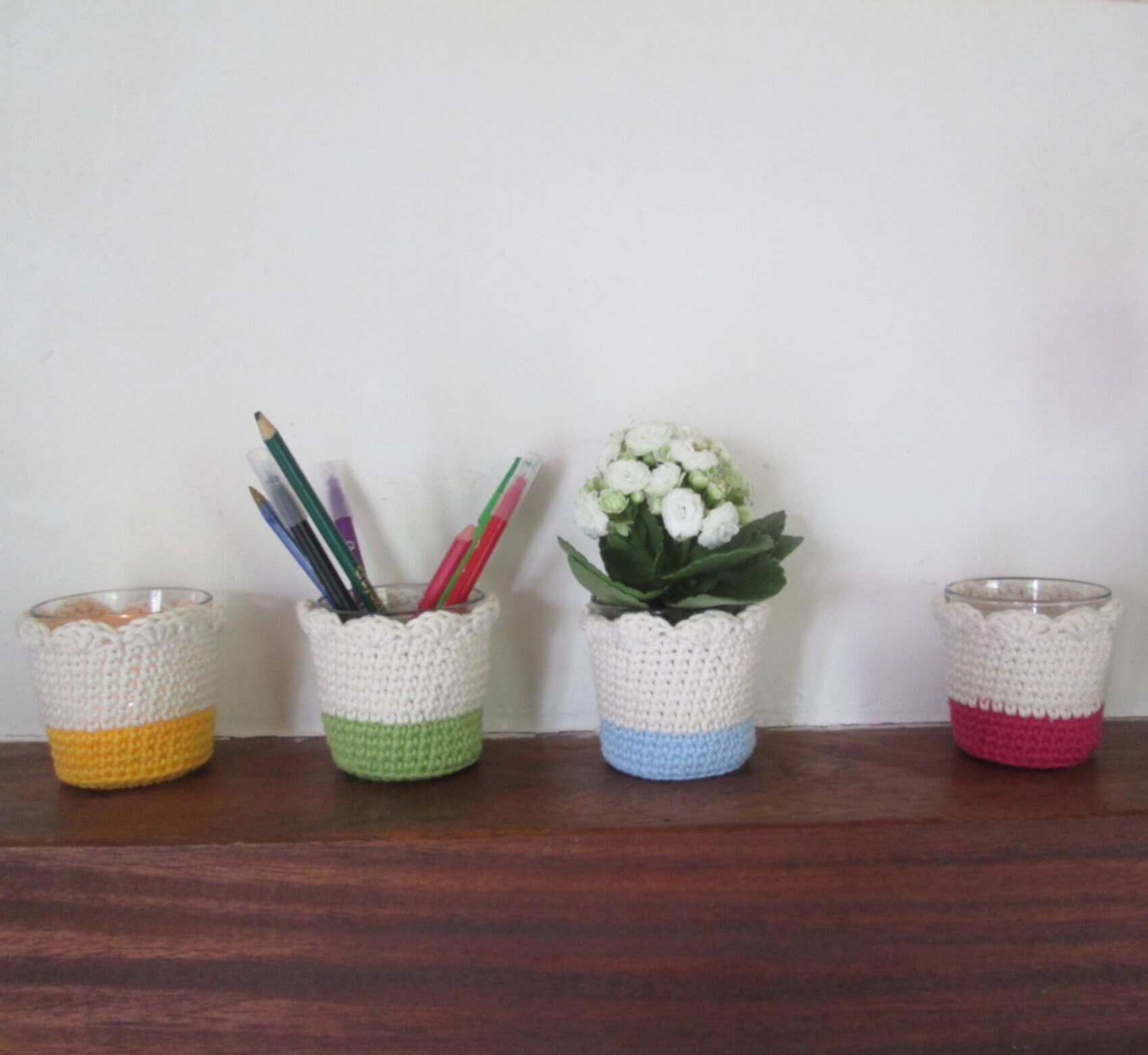 Cache Pot, Photophore, Porte Bougies, Pot à Crayon, Pot Couverts, Vide Poche Fait Main Crocheté avec