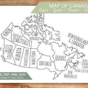 Puede incluir: Un mapa en blanco y negro de Canadá, con provincias y territorios. El texto en la parte superior dice "MAP OF CANADA" y "Sales - Goals - Orders - Coloring". La esquina inferior izquierda incluye "JPG, PDF, PNG, SVG FORMATS INCLUDED".