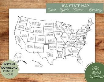 United States Map l Color l Coloring l Printable USA US Sales Map l Goal Tracker l Etsy Order Map l Instant Digital Download SVG jpg png pdf