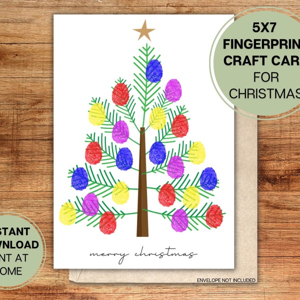 Christmas Tree Card l Holiday, Kid, Toddler, Child, Baby, Fingerprint l Craft l Gift l Preschool l Printable l Instant Digital Download 5x7