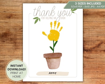 Tarjeta de manualidades con huella de mano "Gracias por ayudarme a crecer" para niños, bebés, preescolares, guarderías, regalos, escuelas, descarga digital imprimible.