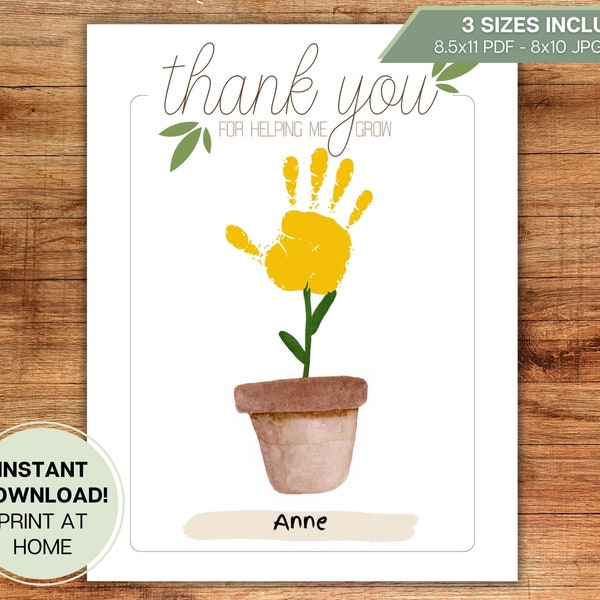 Thank You for Helping Me Grow Handprint Craft Card from Child, Toddler, Baby l Preschool, Daycare, Gift, School l Digital Download Printable