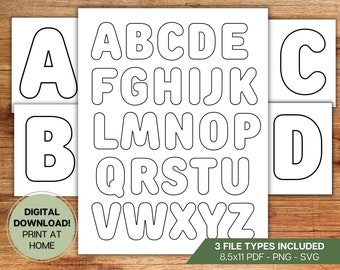 May include: Printable alphabet letters in a bold, rounded font. The letters are outlined in black and are ready to be colored in. The image includes the text "3 FILE TYPES INCLUDED 8.5x11 PDF - PNG - SVG".