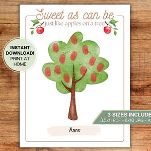 May include: A watercolor print featuring a green tree with red apples, the text "Sweet as can be just like apples on a tree", and the name "Anne". Includes the text "Instant Download! Print at Home" and "3 Sizes Included".