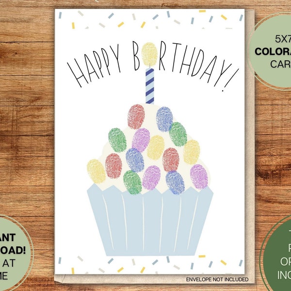 Happy Birthday Cupcake Fingerprint Card l Kid, Toddler, Child l Craft l Gift l Preschool l Printable l Instant Digital Download 5x7 PDF JPG