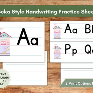 May include: Handwriting practice sheets with the text "Abeka Style Handwriting Practice Sheets". The sheets feature uppercase and lowercase letters, such as A, B, P, and Q, with a house illustration. The text "INSTANT DOWNLOAD! PRINT AT HOME" is also visible.