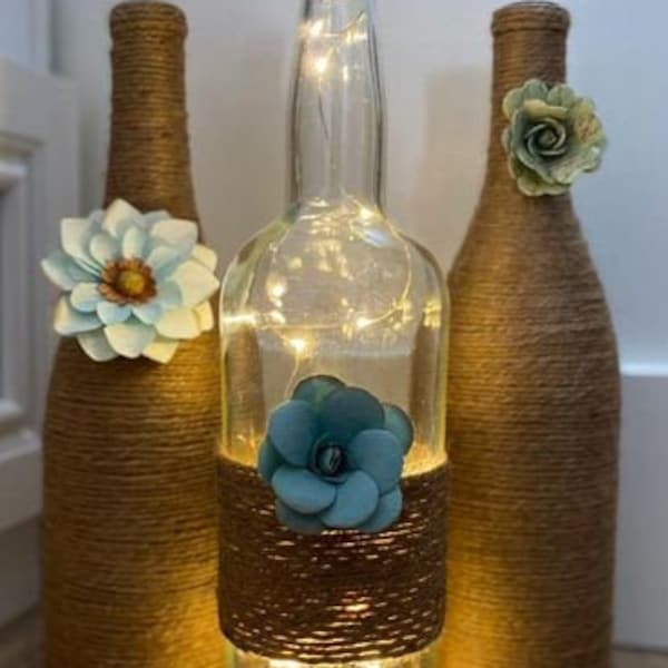 Jute wrapped wine bottle set with lights