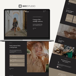 Puede incluir: Un ordenador portátil que muestra una interfaz de sitio web de Wix Studio con una paleta de colores oscuros, con una sección principal con una persona caminando bajo un arco, el texto Content that actually converts y un formulario.
