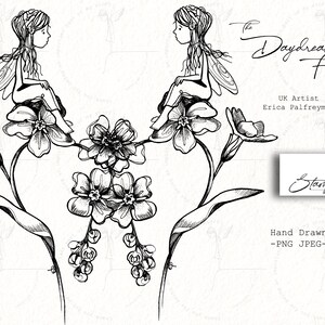 Forget Me Not Flower & Daydreaming Fairy Digital Clipart | PNG JPEG 300DPI | Contour en noir et blanc | Personnel/Commercial