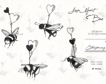 Bee Kind, Bee Brave, Bee Yourself, Bee Happy Digital Clipart + Font | 24 Png Jpeg 300DPI | Black White Outline | Love Heart | Commercial Use