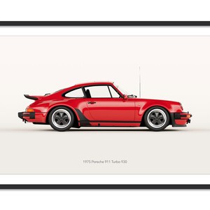 May include: A framed print of a red 1975 Porsche 911 Turbo 930. The classic sports car is shown in profile against a white background. The car has black wheels and a rear spoiler. The text "1975 Porsche 911 Turbo 930" is printed below the car.